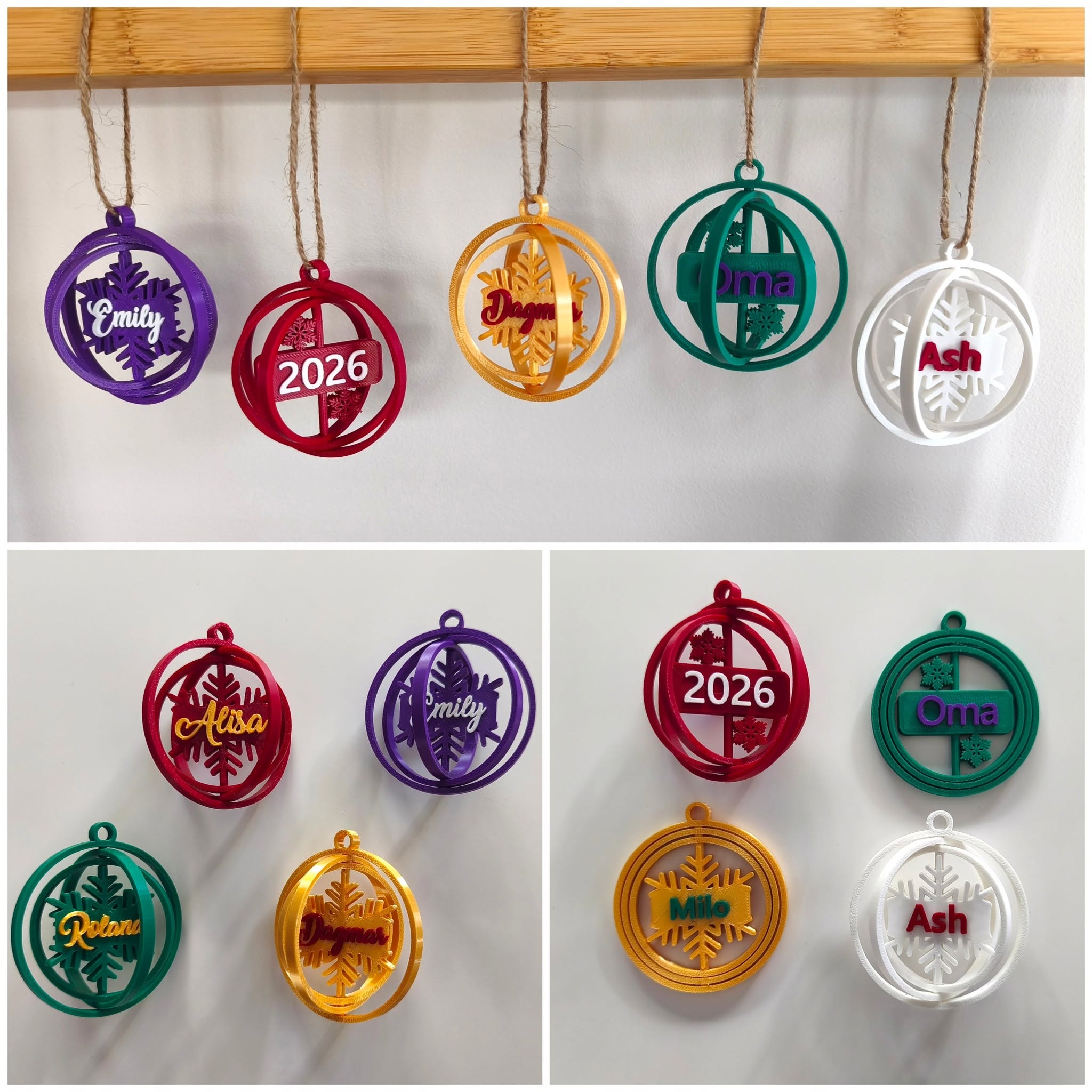 Personalised purple, red, gold, green and white baubles, showing rotating rings, large and small snowflake designs, and both lettering styles.